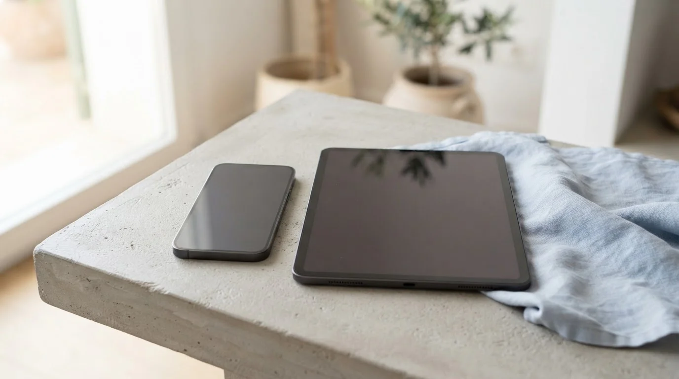 Κινητό τηλέφωνο και tablet με ουδέτερες σκούρες κενές οθόνες πάνω σε γραφείο